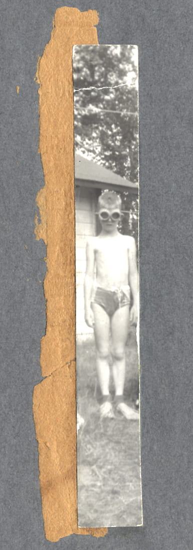 Detail of Nox book cover showing the author's young brother in his swimsuit and goggles, standing in their backyard