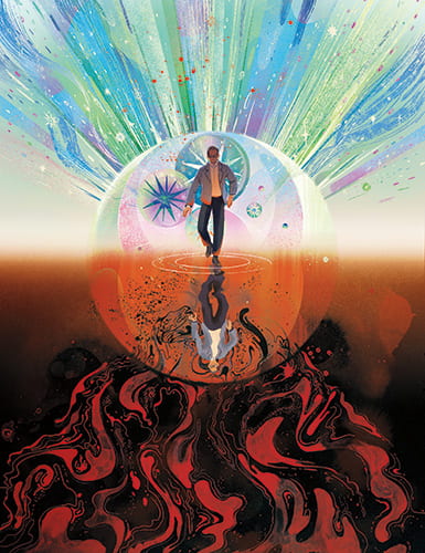 Detail of issue's cover illustration, showing a man walking forward from a sphere with a shimmering sky above and oily swirls reflected below