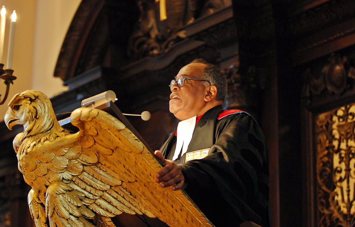 Peter Gomes preaching at the lectern of Harvard's Memorial Church