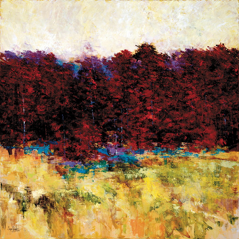 abstract painting of line of trees with red leaves behind a golden field