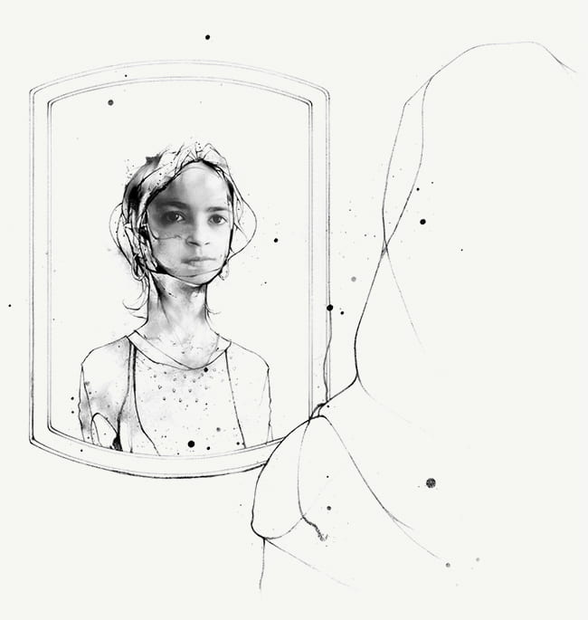 Illustration of teenage girl wearing a hijab looking at herself in a mirror