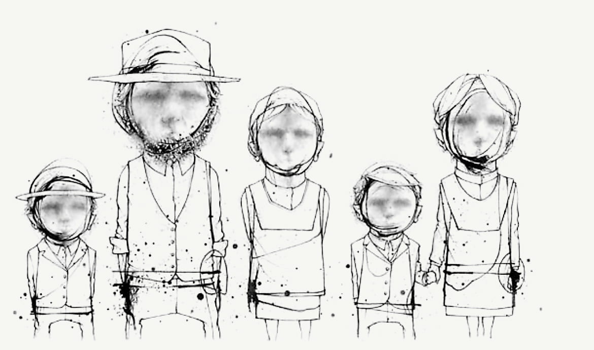 illustration of Amish figures standing in a line