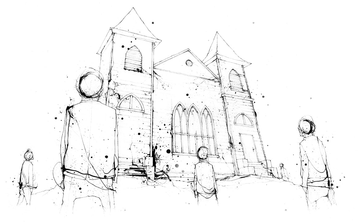 Illustration of figures standing in front of the Carswell Grove church, looking up at it