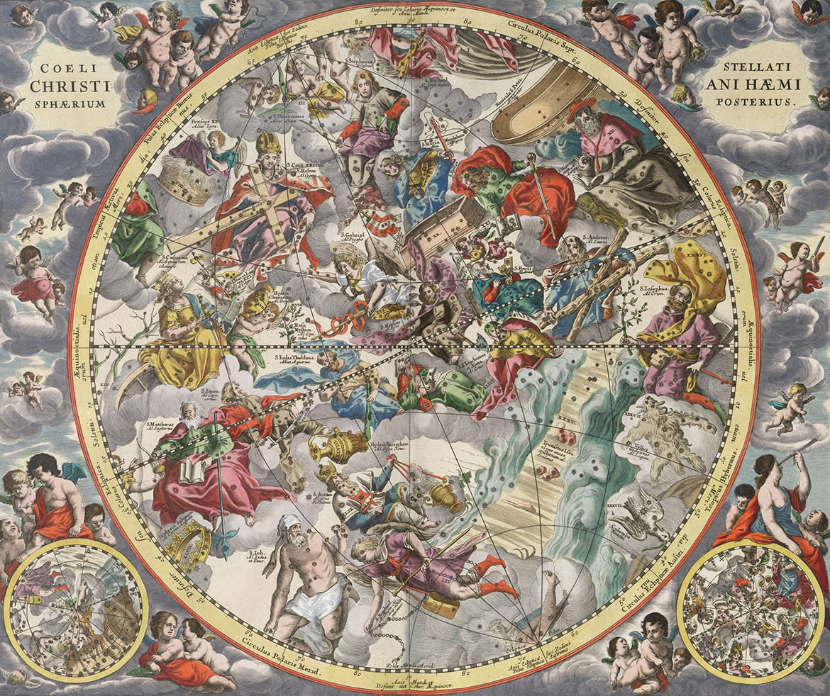 Engraving of the heavens with celestial figures 