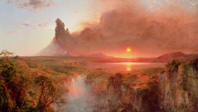Painting of a red sky over a volcano spewing smoke and ash at sunrise