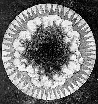 engraving of a circle with clouds forming inside it