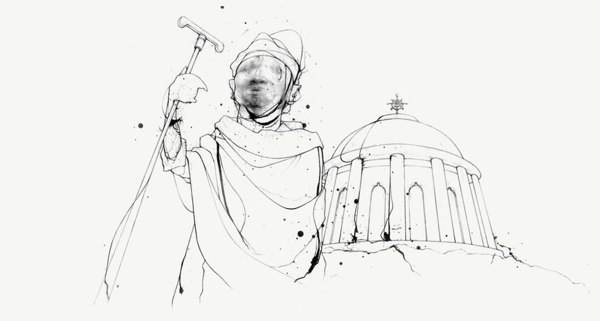 Illustration of man holding a staff in front of a church dome with an Ethiopian cross on it