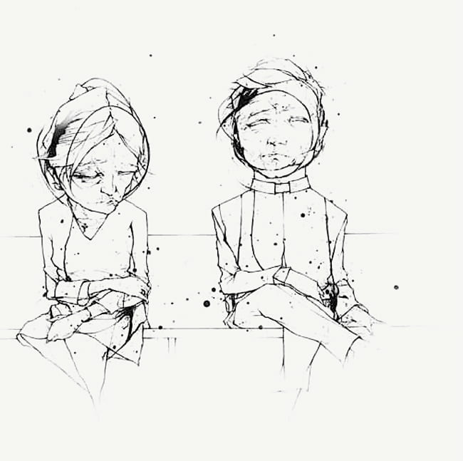 Illustration of two seated figures, one looking down