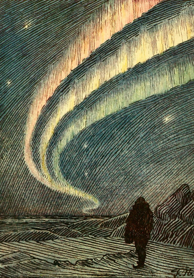 Drawing of the Aurora Borealis i nteh sky over a solitary figure
