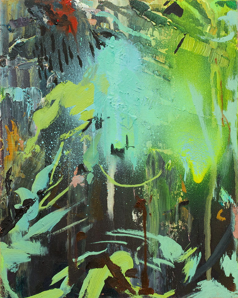 Abstract painting with splatters and drips of bright green, with some red and orange, over a dark background
