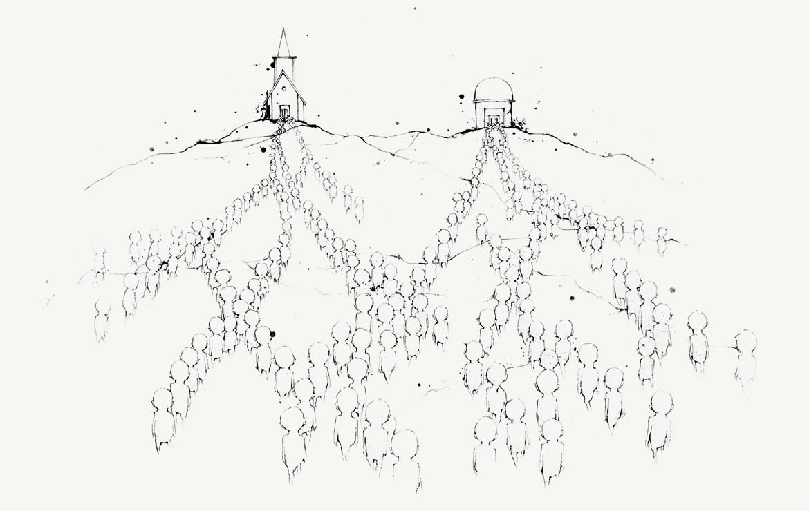 illustration of abstract figures waling in overlapping but diverging paths towards a church and a mosque