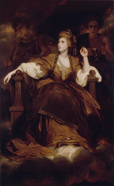 Painting of an 18th century woman with figured representing Pity and Terror behind her