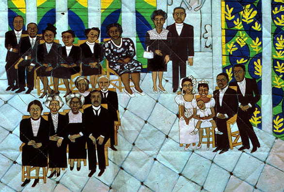 book cover art showing a quilted scene inside a Black church