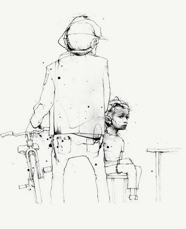 Illustration of a man walking his bike past a forlorn looking child in handcuffs