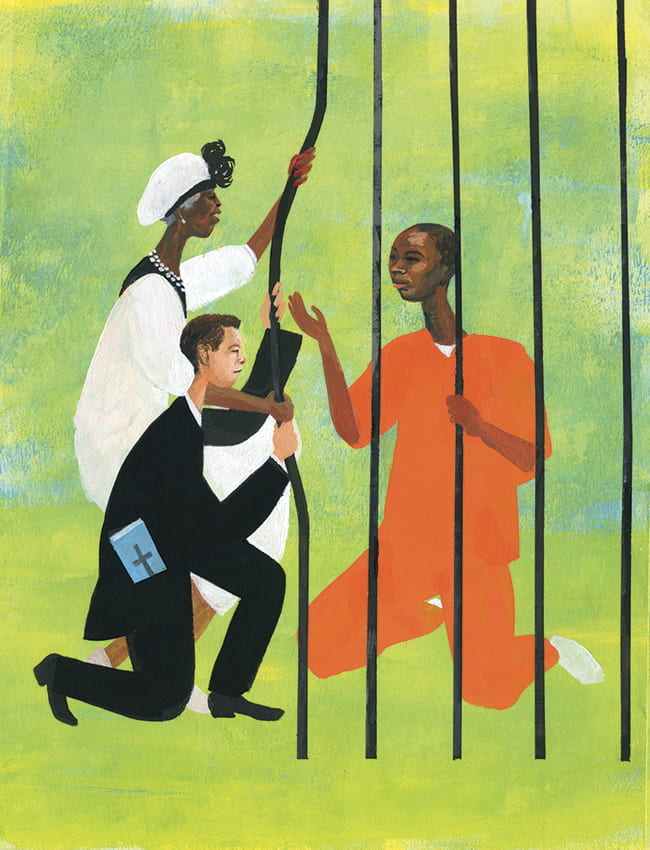 Illustration of a man in an orange jumpsuit behind bars, with a man and woman dressed for church pulling the bars open