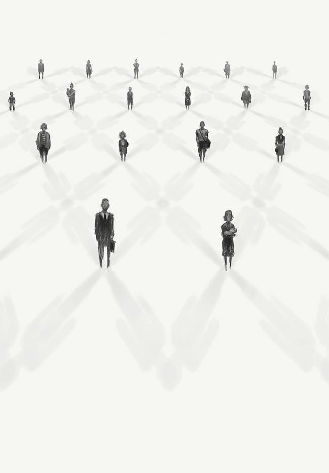 Illustration of standing figures linked by a grid of their shadows