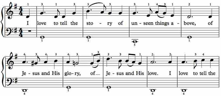 First two lines of music for the hymn I Love to Tell the Story