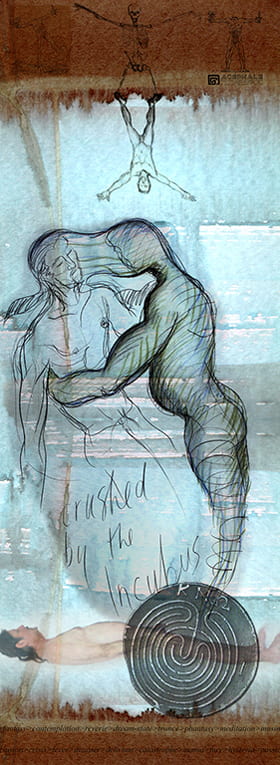Artist rendering of two male figures embracing, with their faces blurring into each other