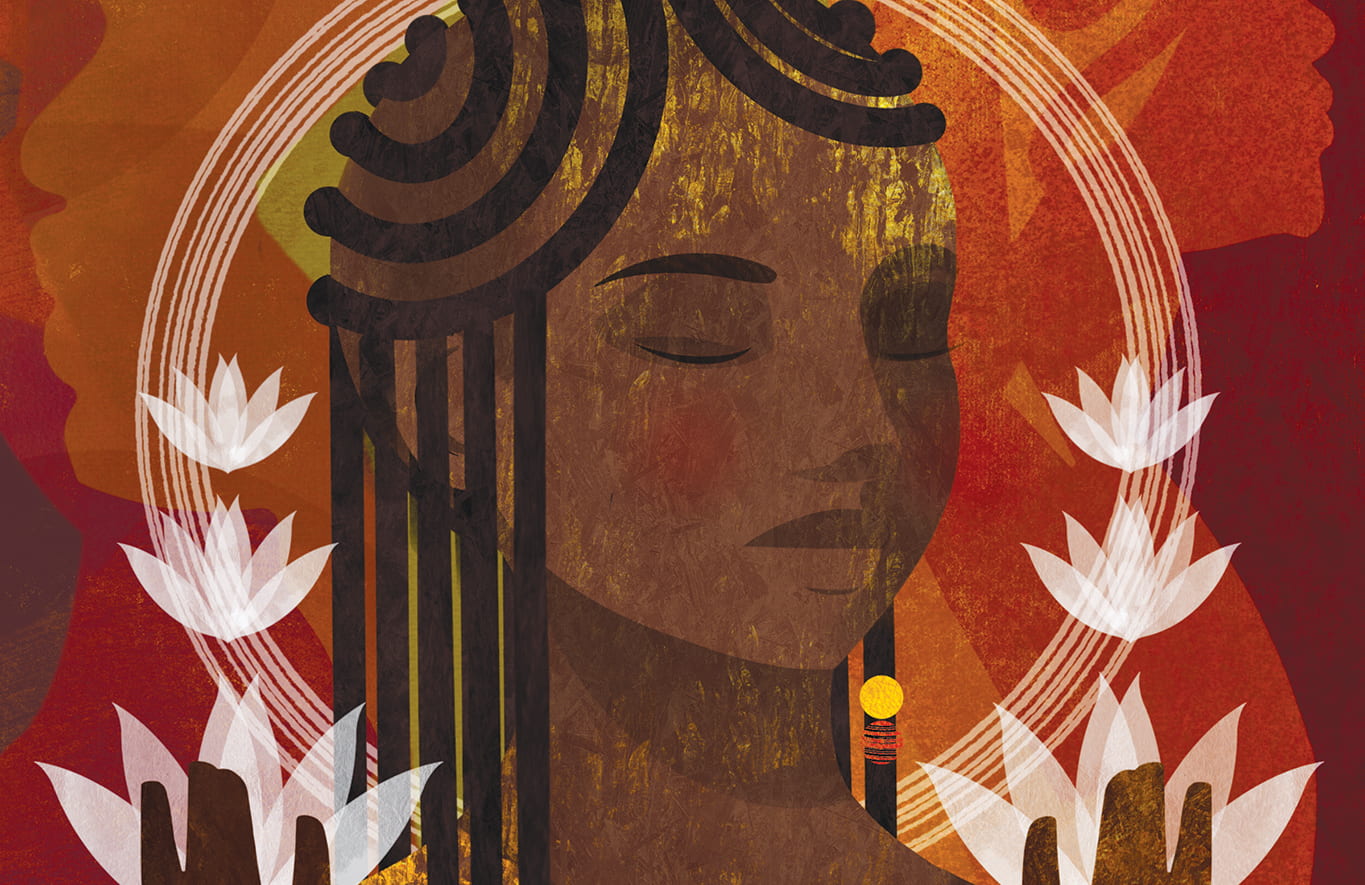 Illustration of a Black woman meditating circled by lotus blossoms