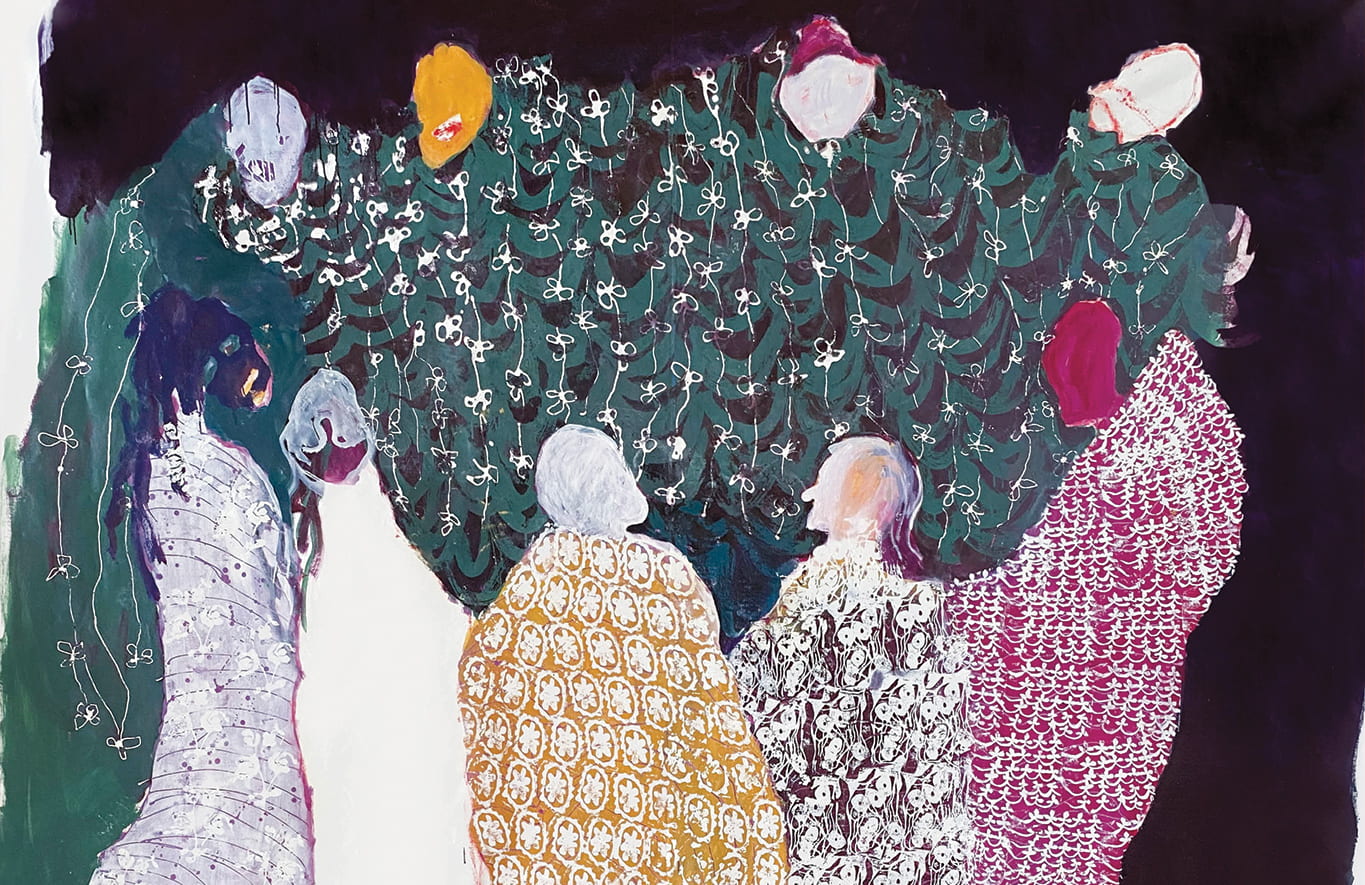 Painting of colorfully robes figures gathered in a circle