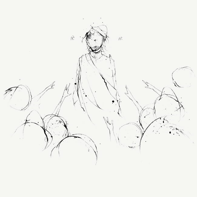 Illustration of Jesus with a crowd facing him, their hands outstretched