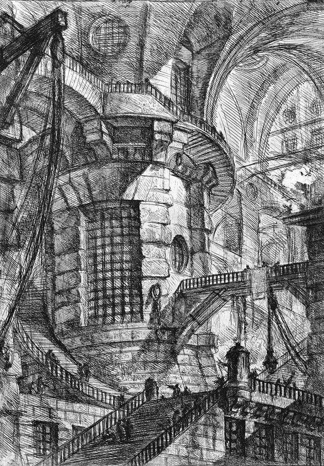Etching of a tower with many sets of stairs and bridges