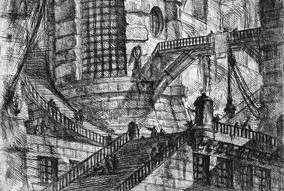 Etching of a tower with many sets of stairs and bridges