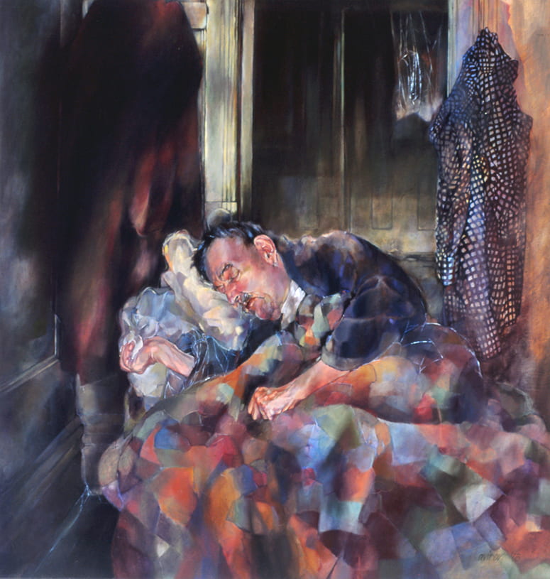Painting of a sleeping man under a patchwork blanket