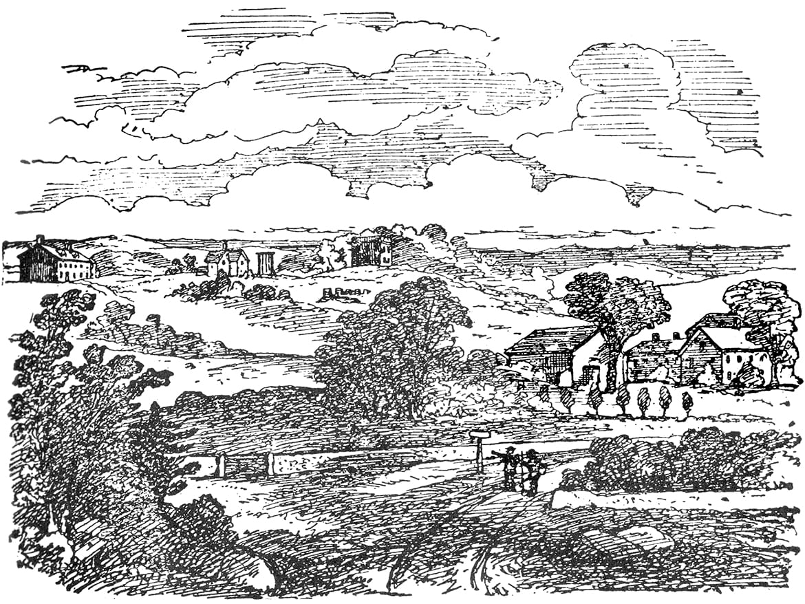 Engraving of farmhouses in the rolling hills with two figures walking down a road in front of the farm