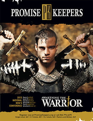 Promis Keepers conference poster with young man in armor holding two swords