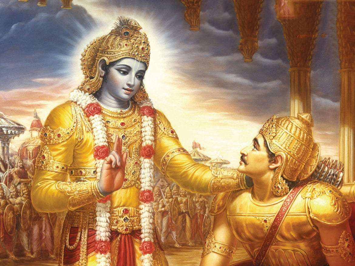 Drawing of Krishna standing with a kneeling Arjuna