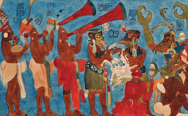 Photo of the reproduction mural showing a procession of figures playing ocarinas