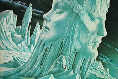 Illustration of icy landscape with small figure approaching an ice tower that's left side is a female face in profile and right side is a male face