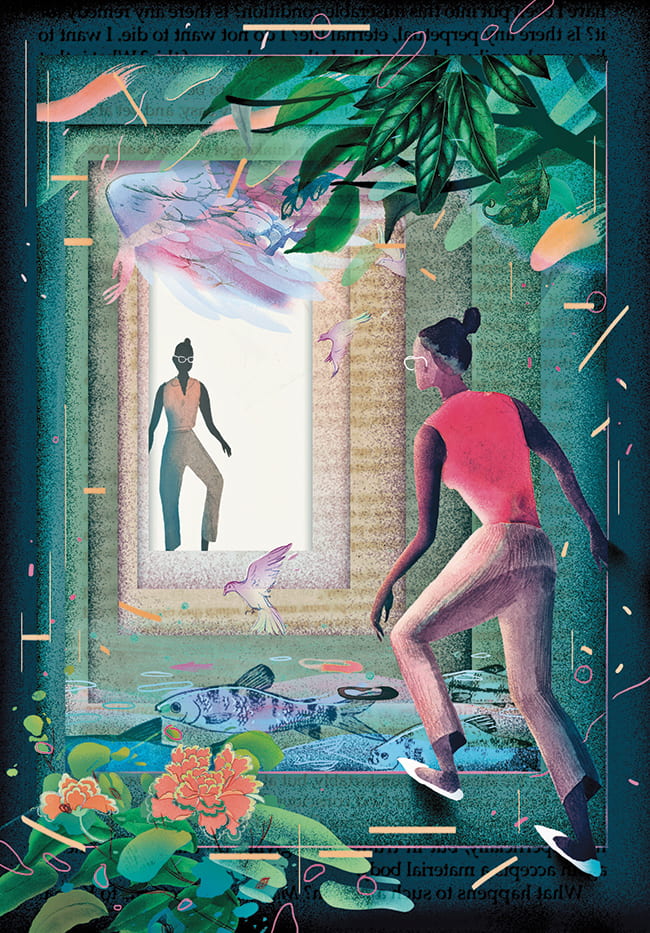Illustration of two women stepping towards each other through a series of openings, with the woman in the foreground in a jungle-like environment