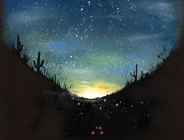 illustration of the desert at dawn with a trail of lights leading into the distance
