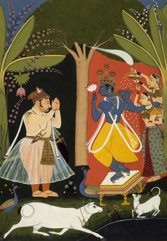 Painting of a Rajput king worshiping Krishna