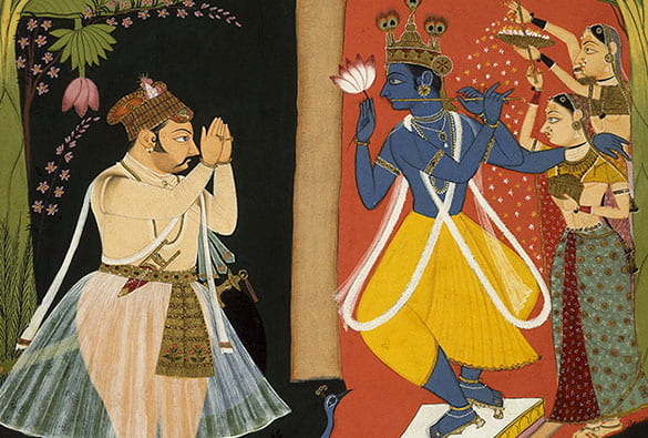 Painting of a Rajput king worshiping Krishna