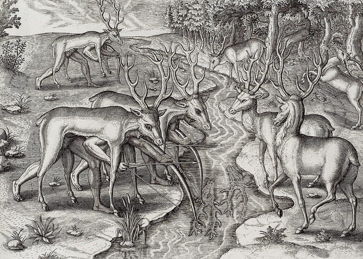 Engraving of men hunting deer by wearing dearskins draped over their backs as a disguise