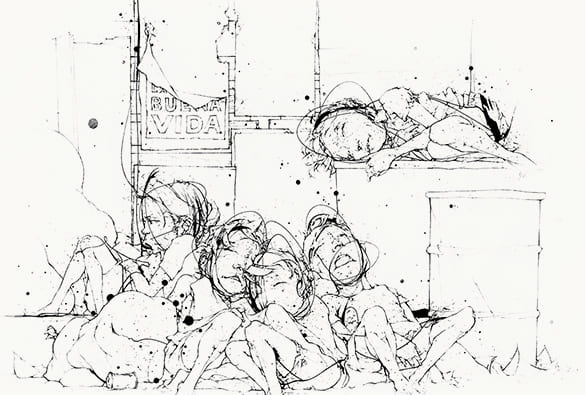 Illustration of street kids sleeping together without shelter