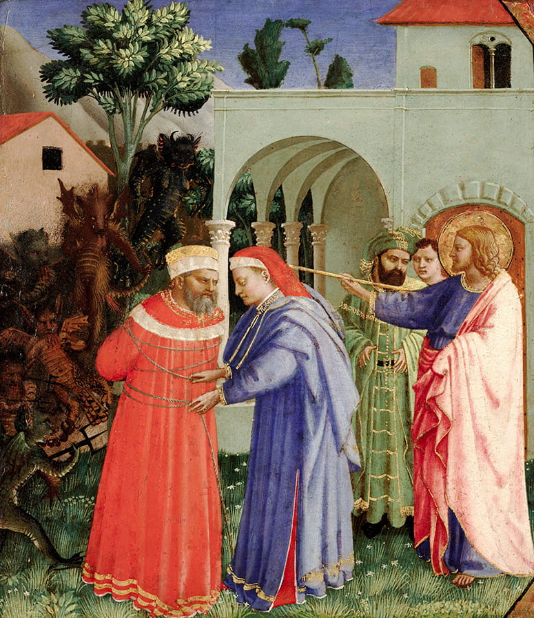 Painting of robed figures, one untying the ropes around the other