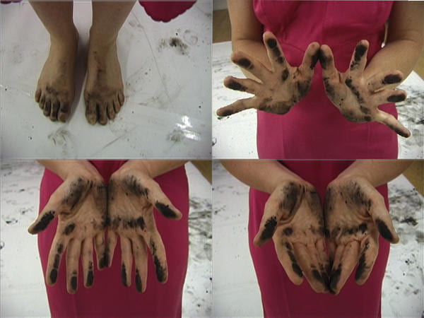 Collage of photos of hands and feet covered with ashed
