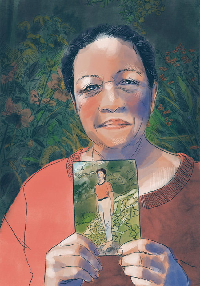 Illustration of 65-year-old Neris Gonzalez holding a photo of herself as a young woman