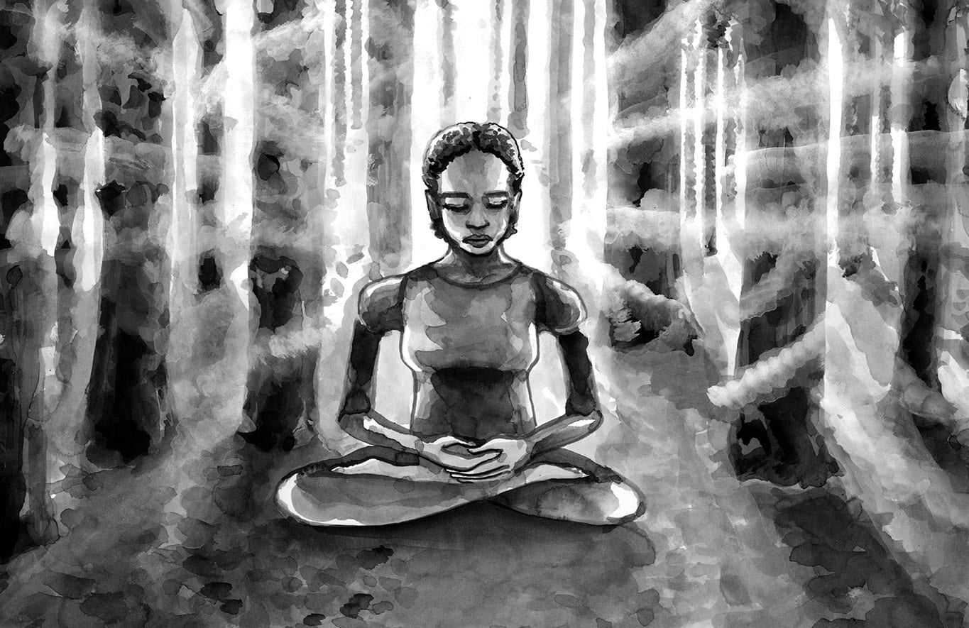Illustration of a woman meditating surrounded by glowing light and trees