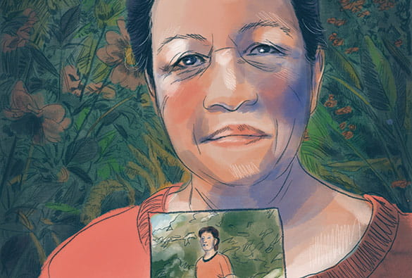 Portrait drawing of middle aged Neris Gonzalez holding a photo of herself as a young woman