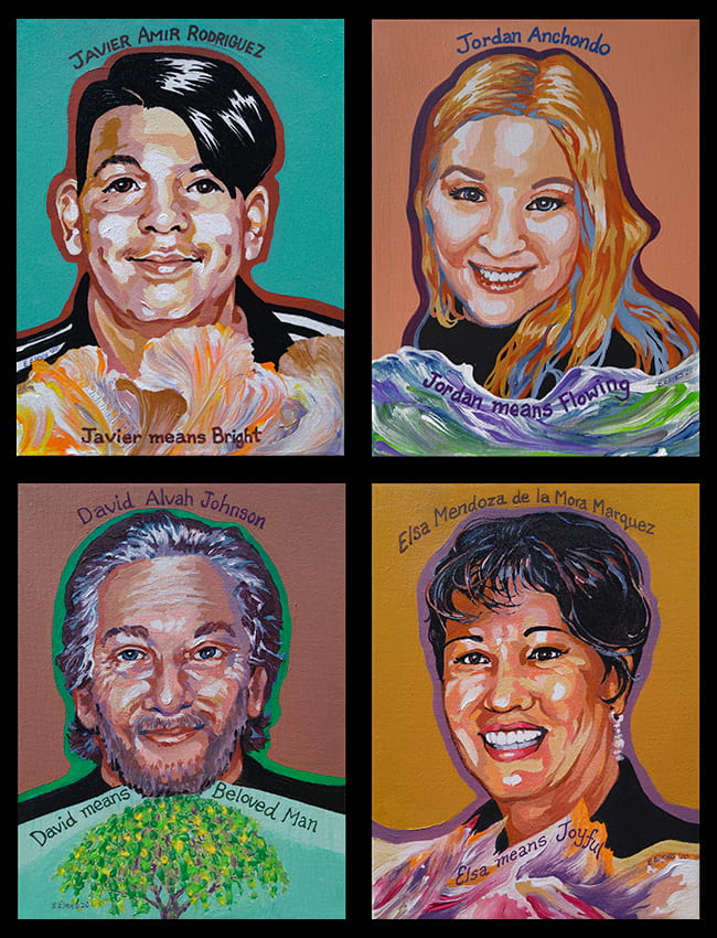 Portraits of Javier Amir Rodriguez, Jordan Anchondo, David Alvah Johnson, and Elsa Mendoza de la Mora Marquez