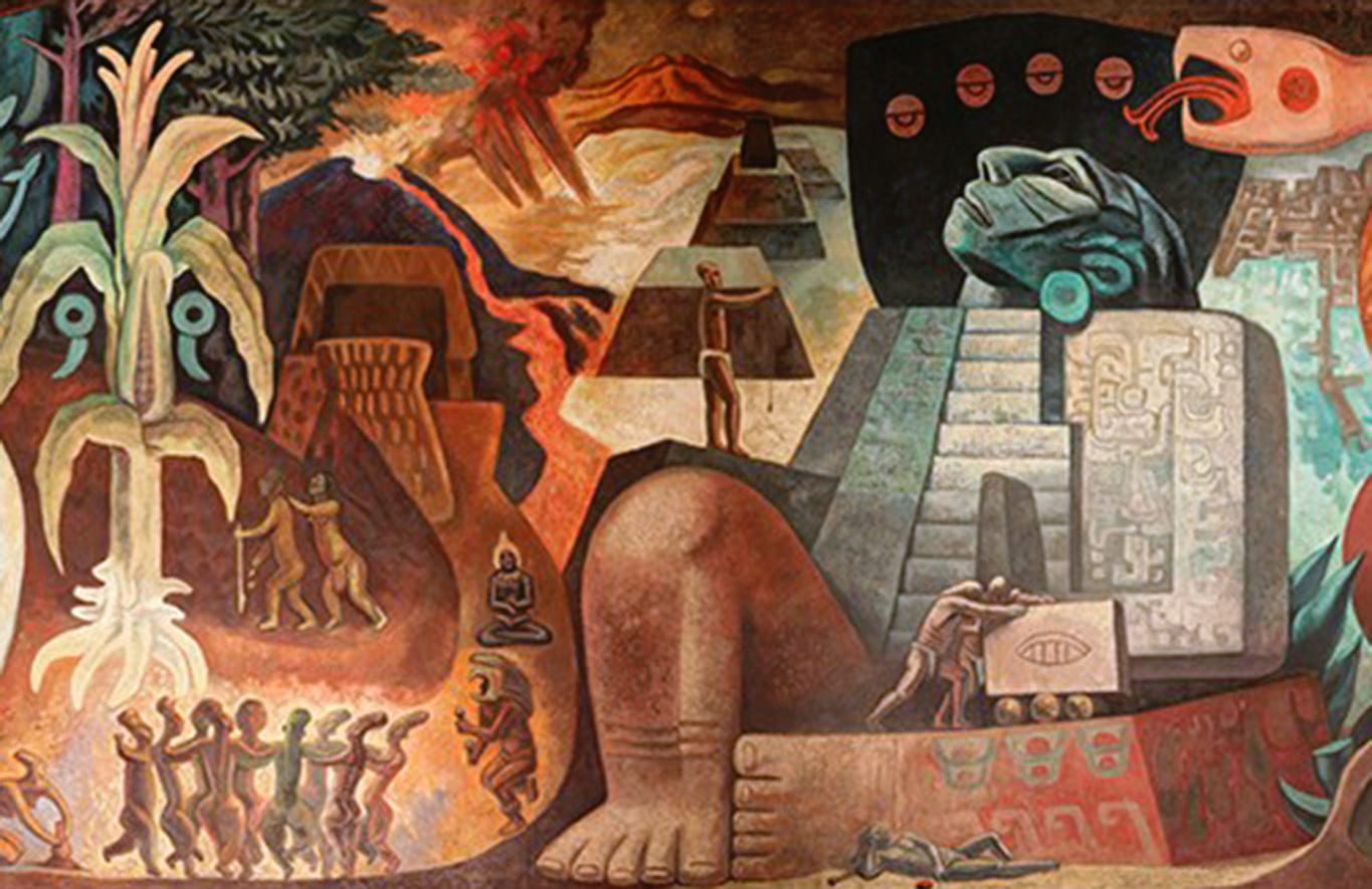 Mural painting showing Mexican mythology and ancient architecture intertwined