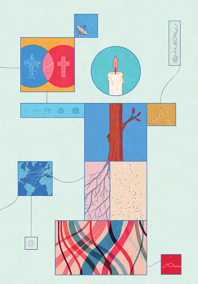 Illustration with boxes made of assorted networks, global map, crosses, and a lit candle