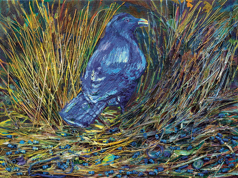 Painting of a blue bird in a nest full of blue plastic objects