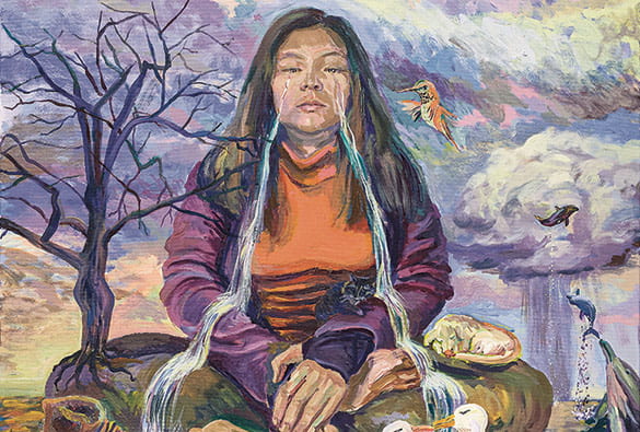 Painting of a weeping young woman surrounded by nature