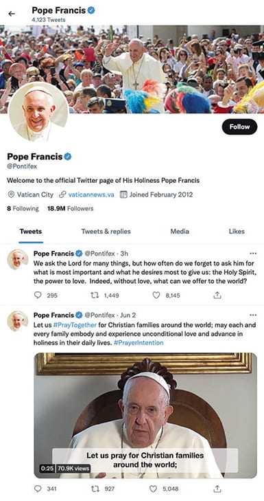 Screen capture of the Pope's Twitter feed